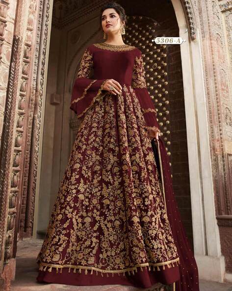 Women Embroidered 3-Piece Semi-Stitched Anarkali Dress Material Price in India