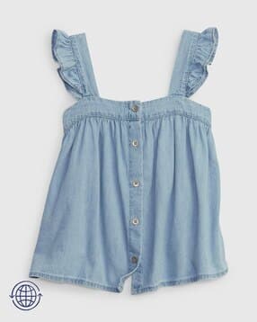Square-Neck Buttoned Denim Top with Flutter Sleeves-image-7
