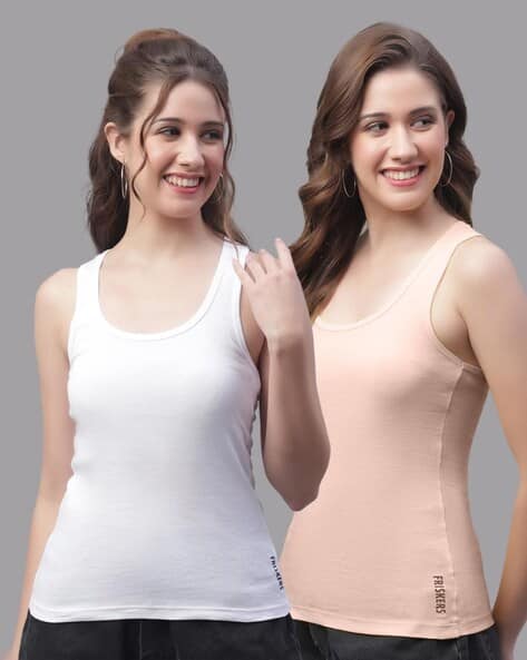 FRISKERS Women Pack of 2 Slim Fit Round-Neck Tank Tops