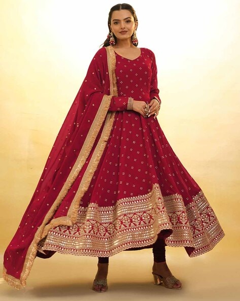 Women Embellished Flared Kurta with Pants & Dupatta Price in India