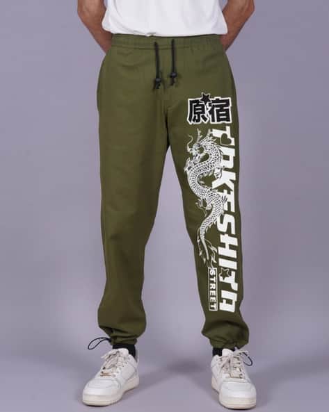 Men Japanese Dragon Print Adjustable Cargo Pants