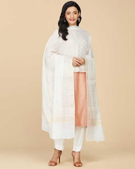Women Geometric Woven Cotton Silk Dupatta Price in India