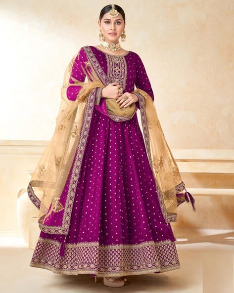 Embellished & Embroidery Semi-stitched Anarkali Dress Material Price in India