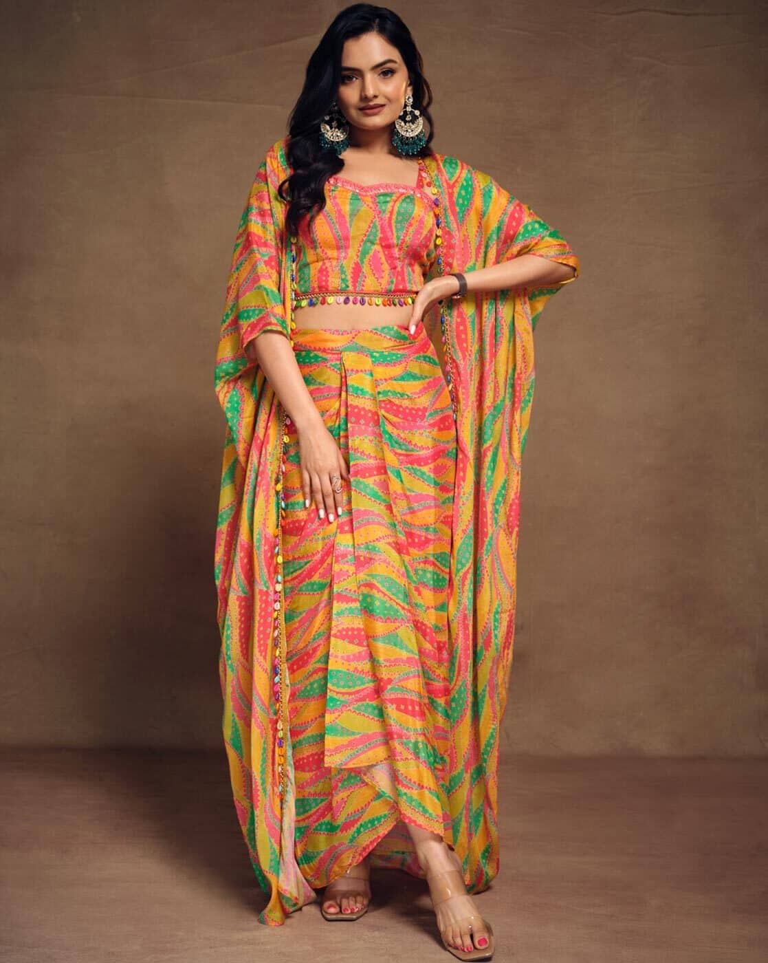 FUSIONIC Printed Top with Skirt & Shrug Sets (Multi)