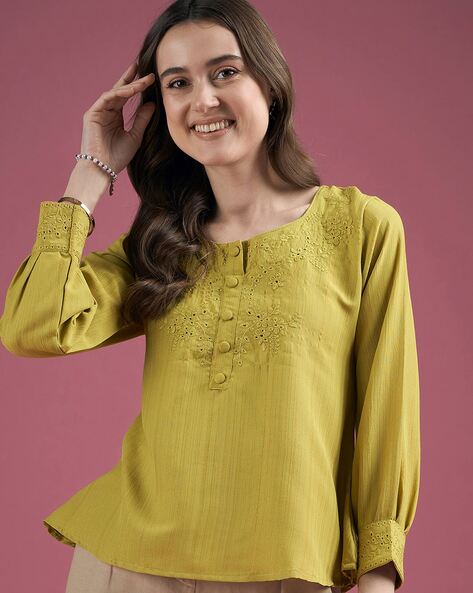 Women Embroidered Round-Neck Top with Cuffed Sleeves