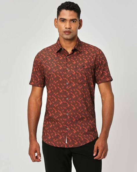 Printed Shirt Mufti Maroon Shirt Maroon Floral Print Stretch Slim