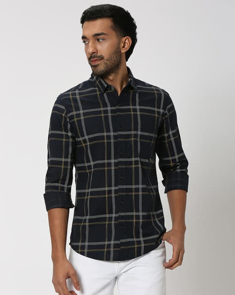 Men Windowpane Check Slim Fit Shirt