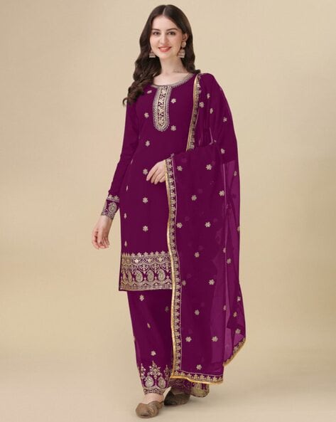 Embroidered 3-Piece Semi-Stitched Dress Material Price in India
