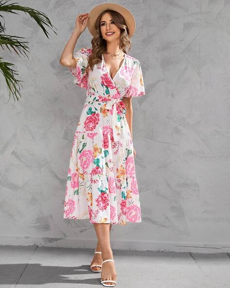 Women Floral Print Tiered Dress with Tie-Up Waist