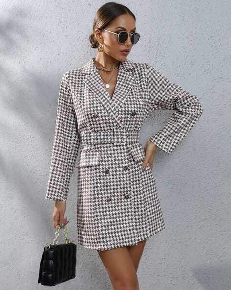 Women Houndstooth Print Shift Dress