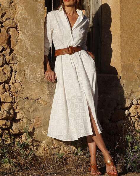 Women Geometric Print Shirt Dress with Belt