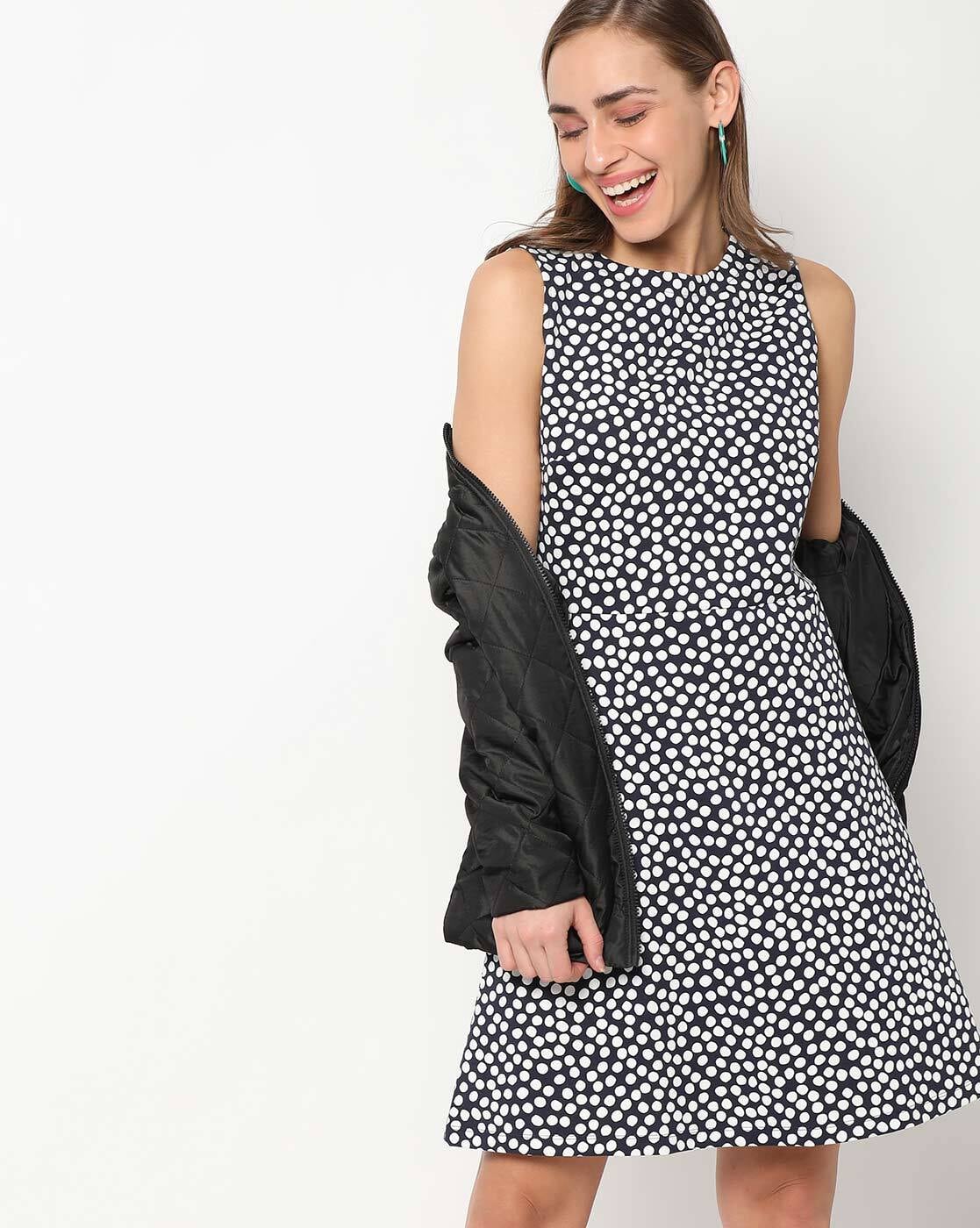 Polka-Dot Print Sleeveless Skater Dress with Back Zipper