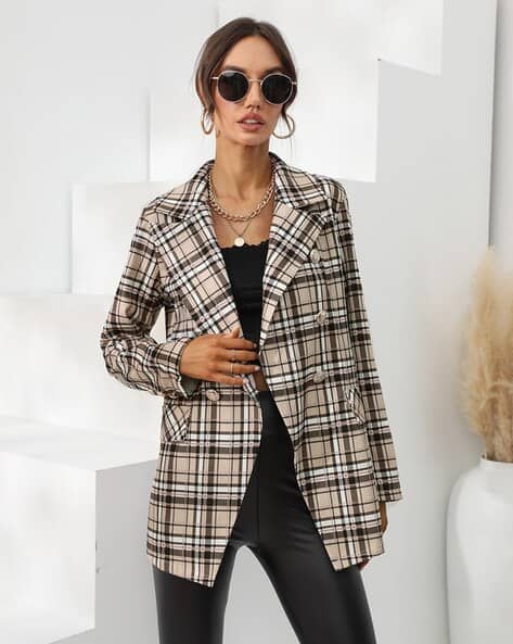 Women Checked Tailored Fit Trench Coat with Flap Pockets