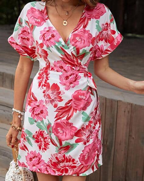 Puff Sleeve Floral Wrap Dress Pink Shein Elegant Puff Sleeves