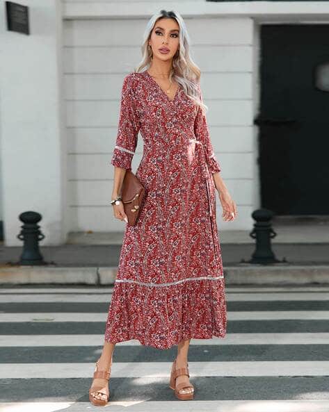red long maxi dress Women Autumn Casual Midi Chiffon Sleeve Blue Dresses : Clothing, Shoes & Jewelry Blue Printed V-Neck Maxi Color:Orange Red Perfect for warm days aya sacred wear