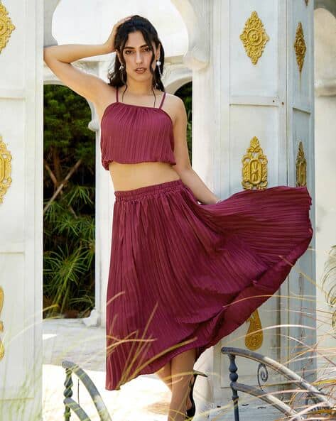 Women Pleated Crop Top Skirt Co-Ord Set