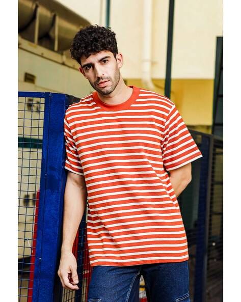 Men Striped Relaxed Fit Crew-Neck T-Shirt