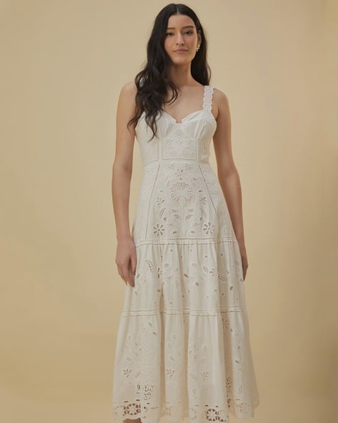 knee length dresses for ladies Cross Stitch Richelieu Sunflower Off-White  Chic Streets