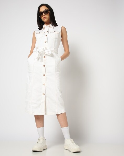 Solid Sleeveless Midi Denim Shirt Dress with Belt