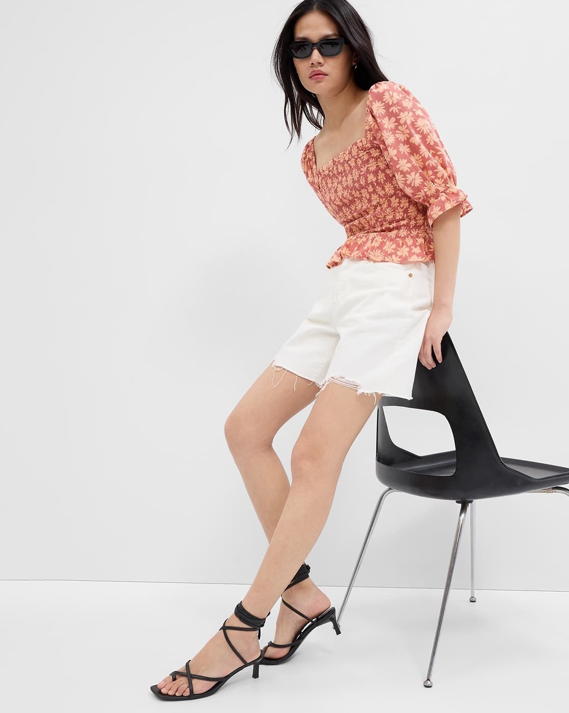 Floral Print Slim Fit Smocked Top