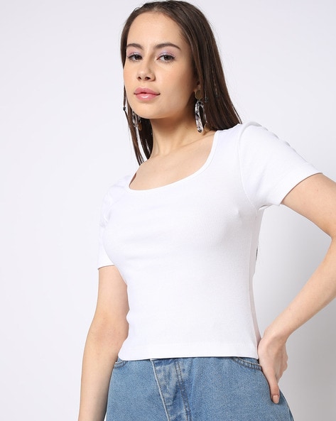 Women Ribbed Scoop-Neck Fitted T-Shirt