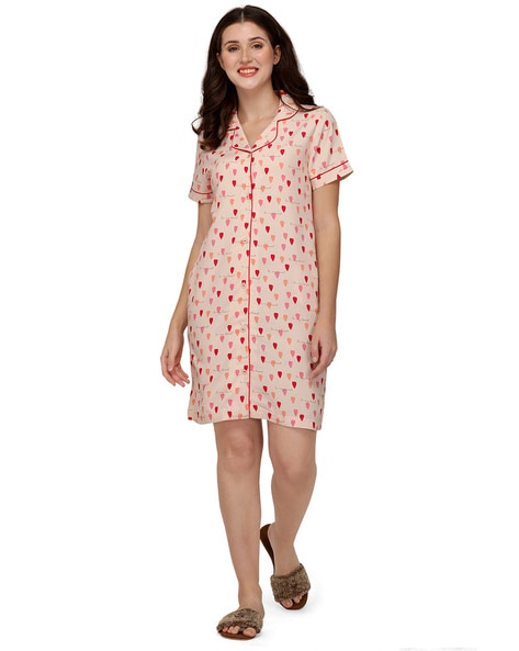 Soie Women Printed Shirt Knee-Length Nightdress