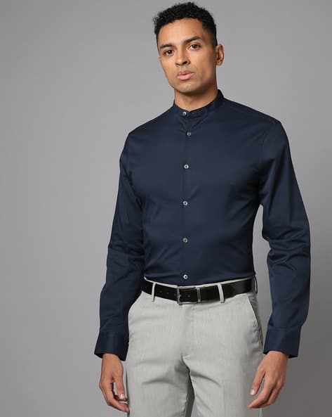 Men Slim Fit Cotton Stretch Grandad Collar Shirt