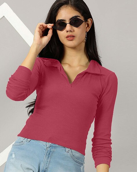Women Ribbed Regular Fit Top with Full Sleeves