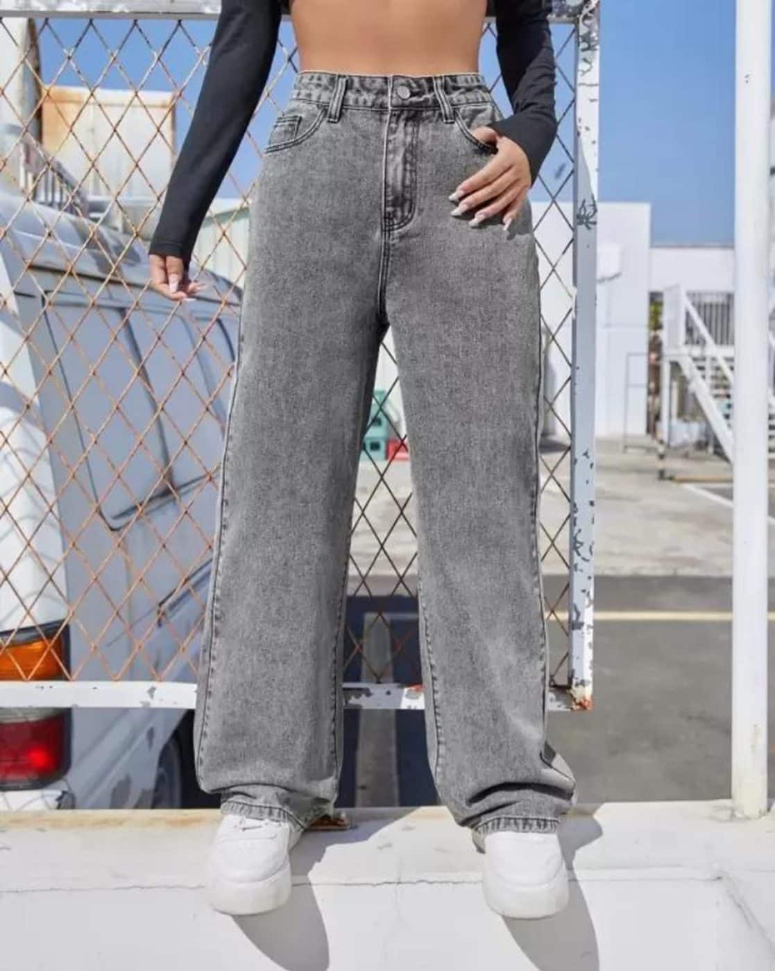 Grey Jeans Combination Girl Women Lightly-Washed Boyfriend High