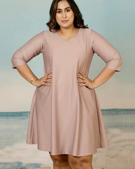 Women Plus Size V-Neck A-Line Dress