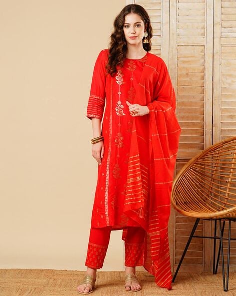 Women Floral Woven Straight Kurta Set with Dupatta Price in India