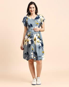 momtobe Women Floral A-Line Dress with V-Neck-picture-7