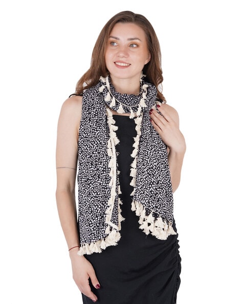 Women Leaf Print Stole with Tassels Price in India