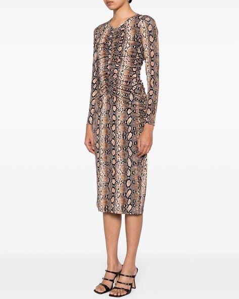 Buy Michael Kors Animal Print Ruched Midi Dress Black Color
