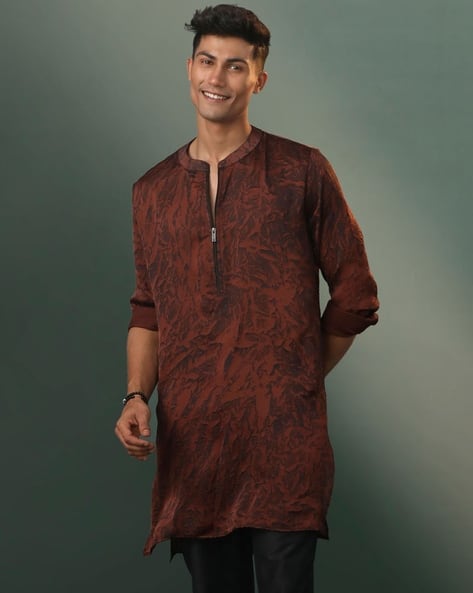 Men Printed Regular Fit Long Kurta with Mandarin Collar