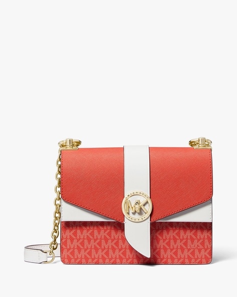 Buy Michael Kors Greenwich Small Colour Block Logo Saffiano Leather Crossbody Bag Red Color Women AJIO LUXE