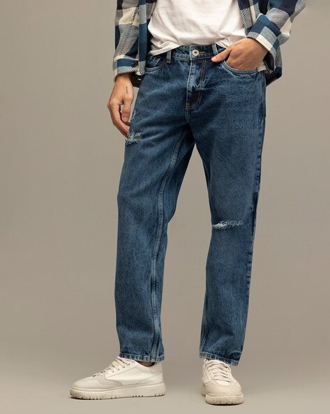 Lightly Washed Distressed Relaxed Jeans