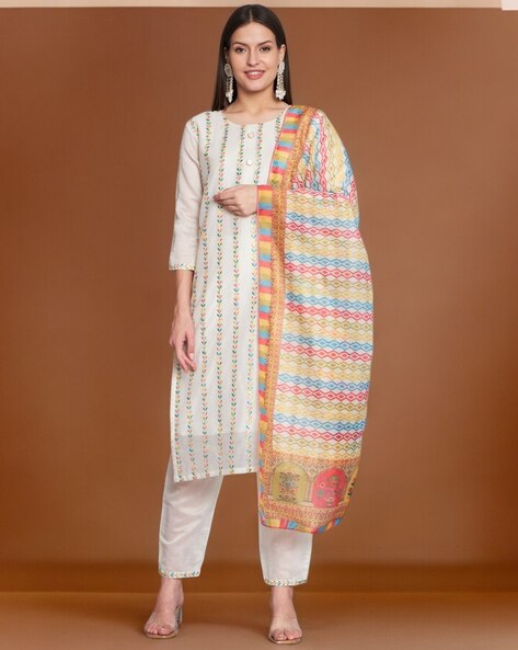 Embroidered Straight Kurta with Pants & Dupatta Price in India