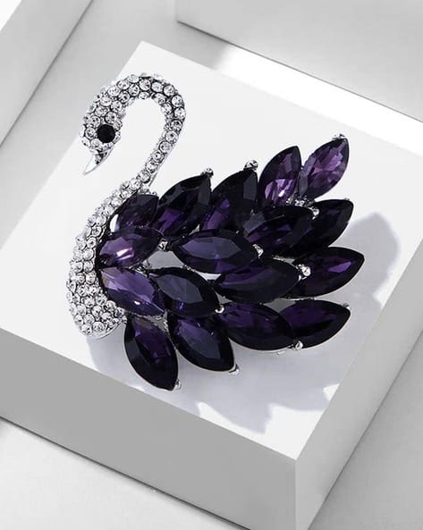 Women Silver-Plated Crystal-Studded Swan Brooch