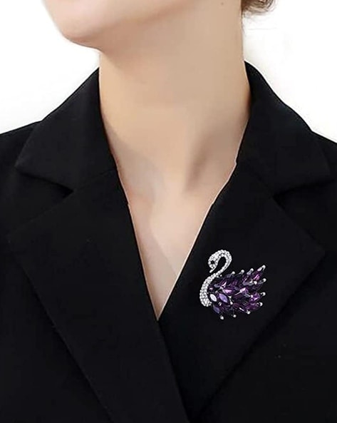 Women Silver-Plated Crystal-Studded Swan Brooch