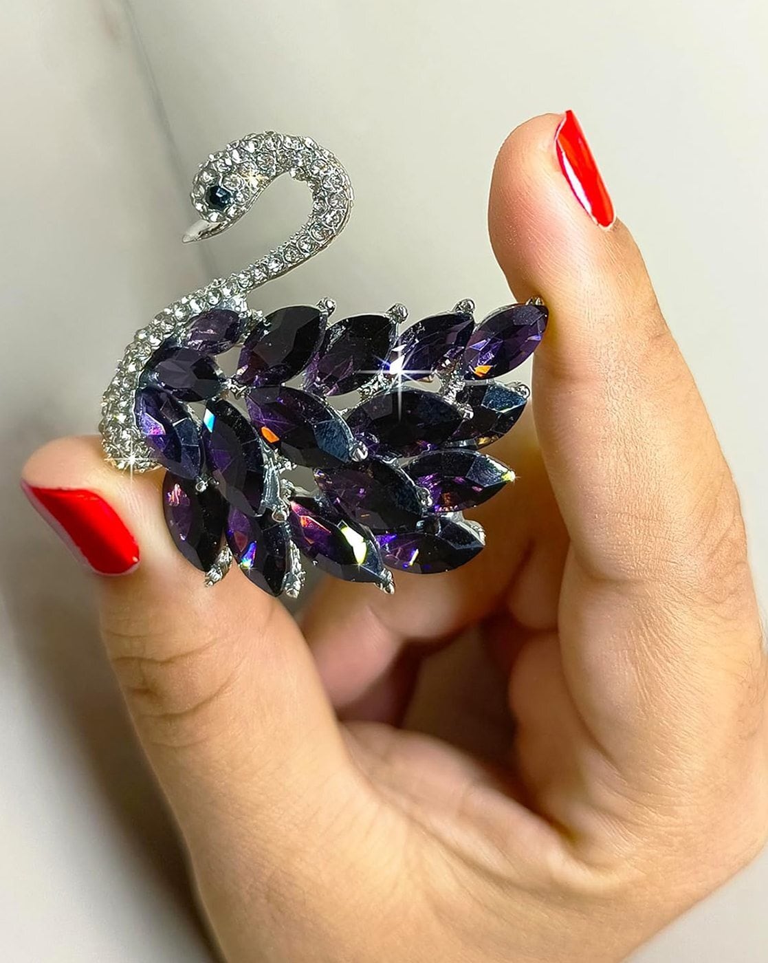 Women Silver-Plated Crystal-Studded Swan Brooch