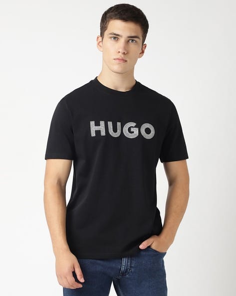 Buy HUGO Cotton Jersey Crochet Logo Regular Fit T-Shirt Black