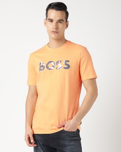 Buy BOSS Digital Logo Print Regular Fit Cotton T-Shirt Orange