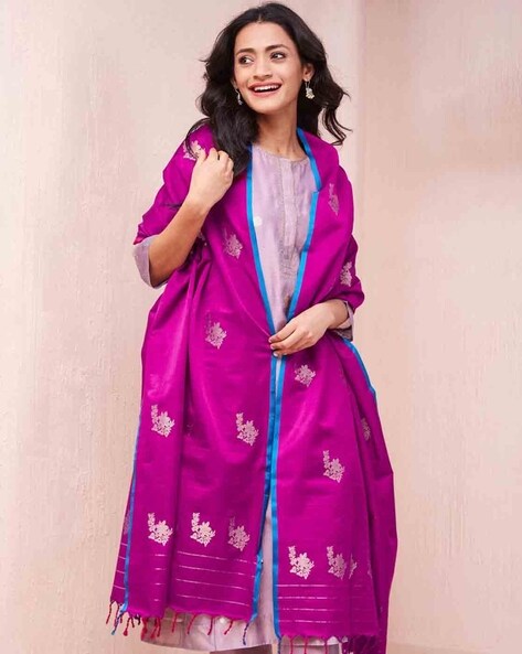 Women Floral Woven Banarasi Dupatta with Contrast Border Price in India