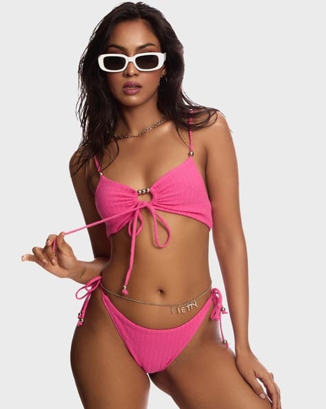 Women Textured Front Tie-Up Bikini Top