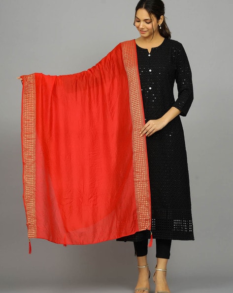 Women Dupatta with Contrast Floral Woven Border Price in India