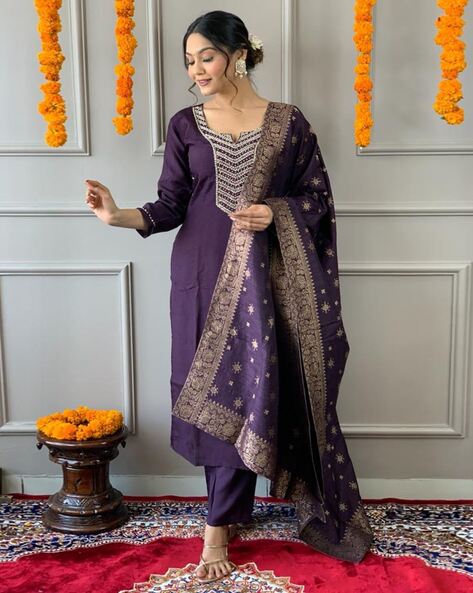 Women Embroidered A-Line Kurta Set Price in India