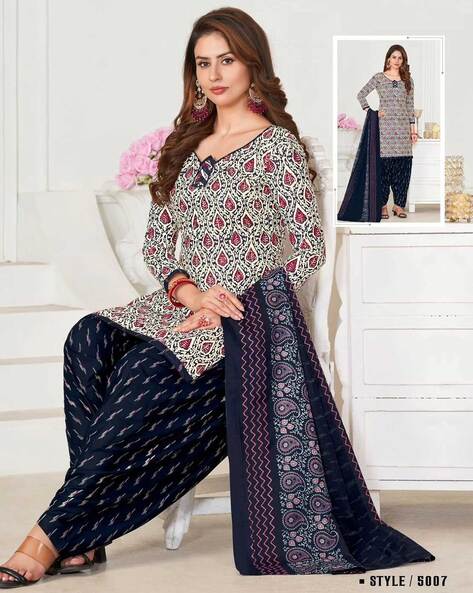 Women Leaf Print 3-Piece Unstitched Dress Material Price in India