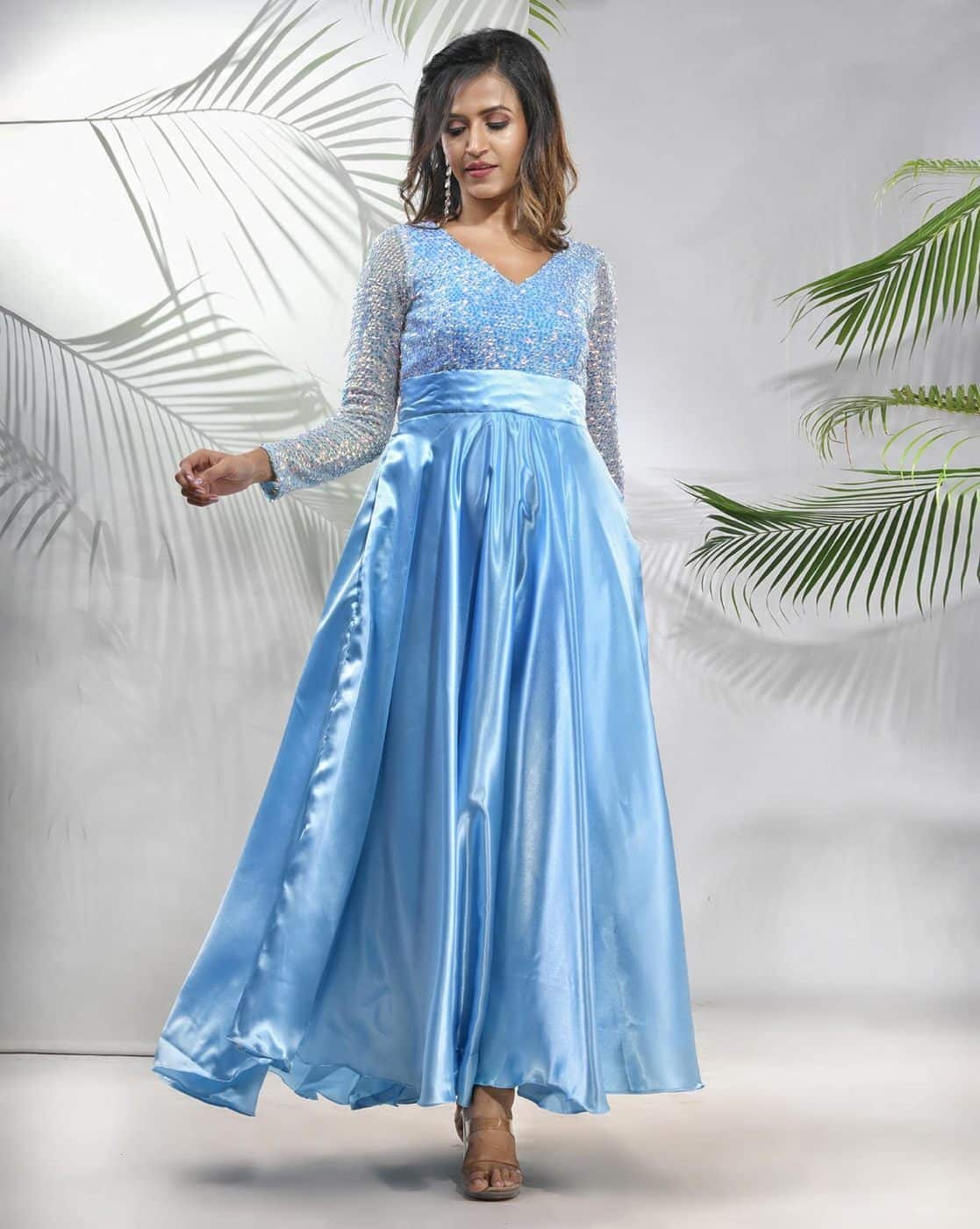 princess polly baby blue dress Charukriti Sky Blue Satin Gown With Sequins Work XL / Satin