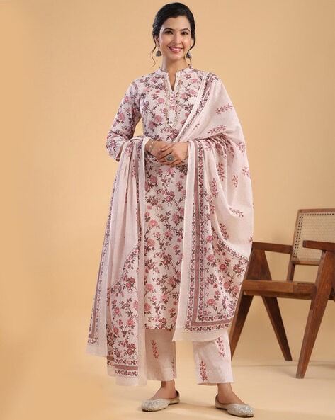 Women Floral Print Straight Kurta with Pants & Dupatta Price in India